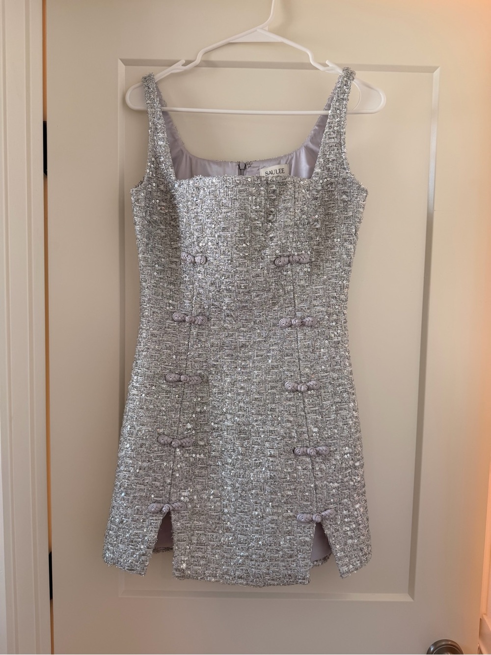 Silver Sau Lee Sequin Mini Dress with Square Neck and Front Slits, Worn Once - Picture 3 of 3